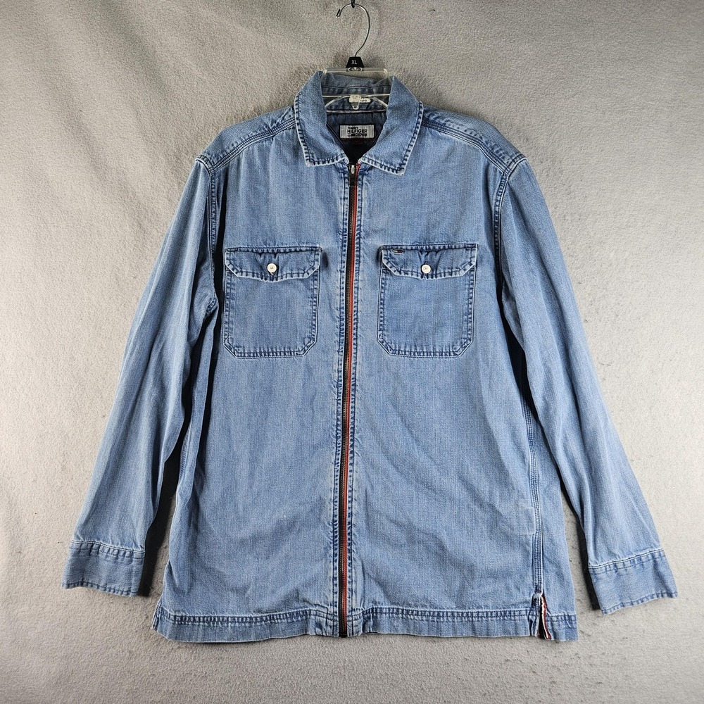 Tommy Hilfiger Denim Jacket Mens Small Blue Zip Front Relaxed Fit Logo Spellout